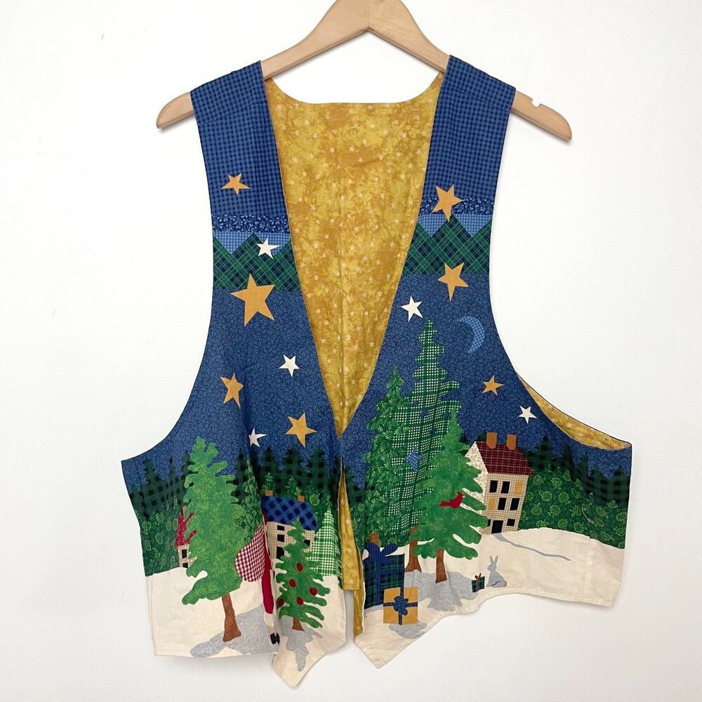Vintage Folk Art Holiday Quilt Print Cottagecore Christmas Cotton Vest Size XL